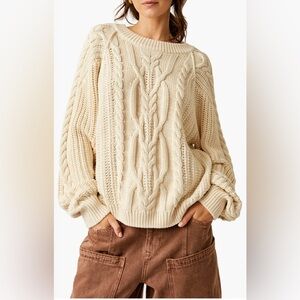 Free People Chunky Cable Knit Frankie Sweater Ivory Cream L